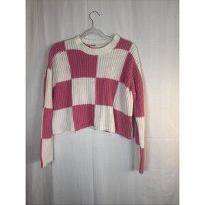 Moon and Madison Women’s Pink and White Checkered Crop Sweater Size Small